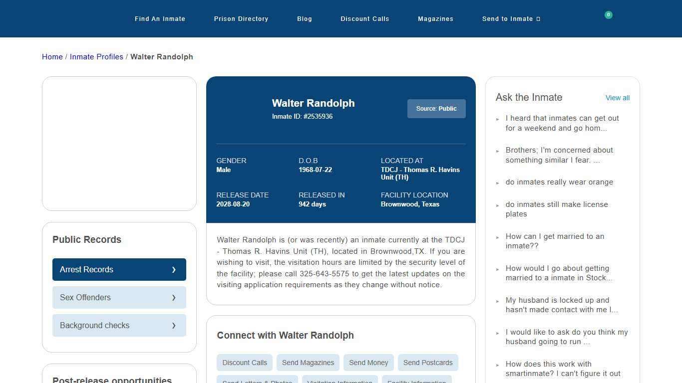 Inmate Search: Walter Randolph 2535936, Brownwood, Texas